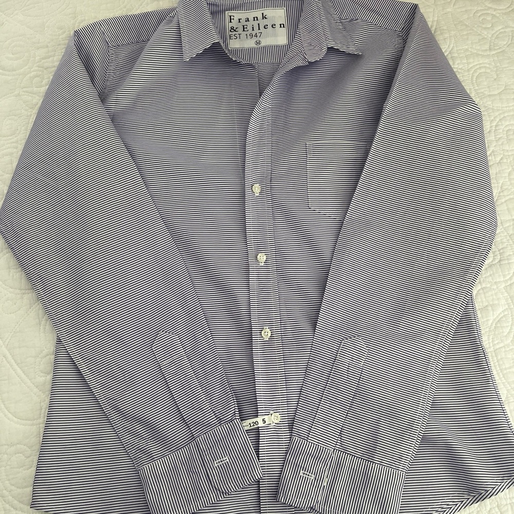 Frank & Eileen Women’s blue and white striped button down. Size M